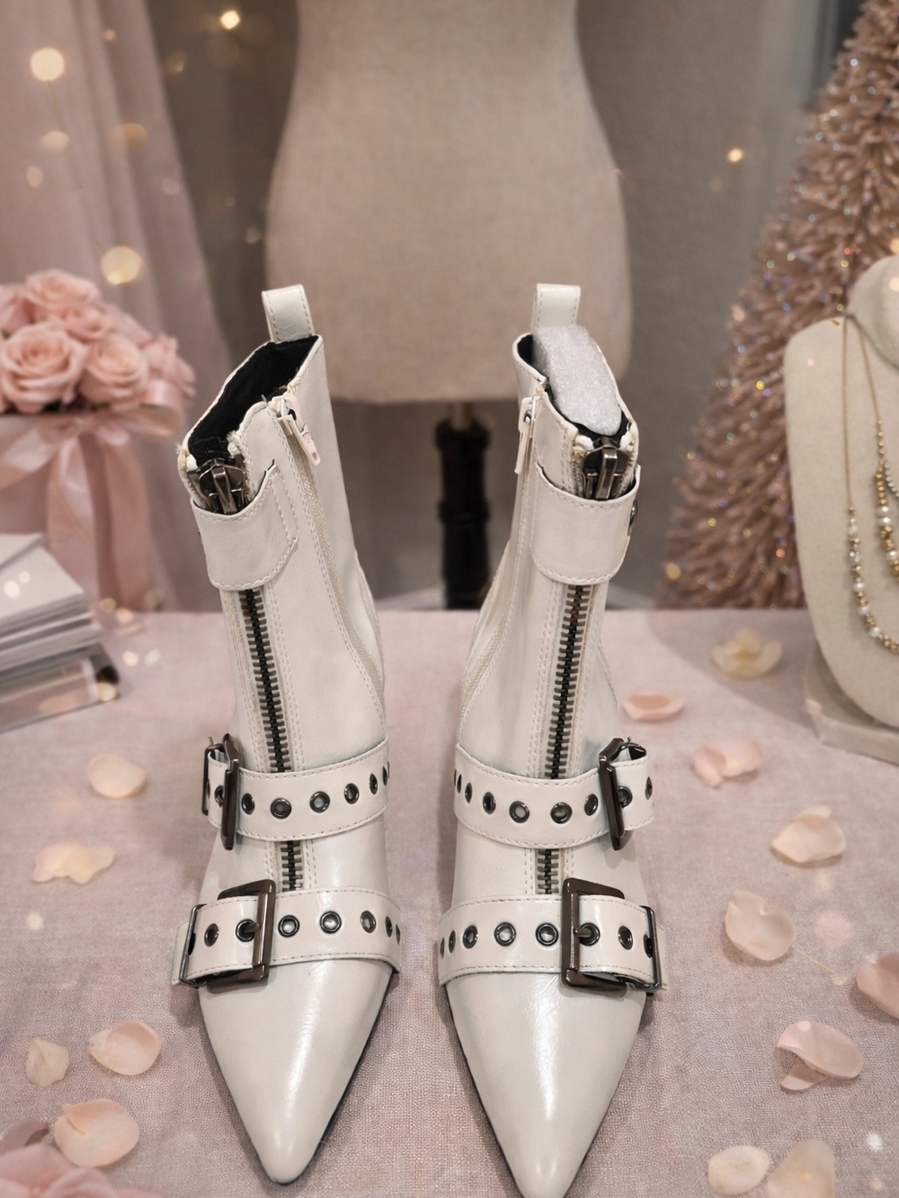 Wild Pair White Pointed Buckle Ankle Boots